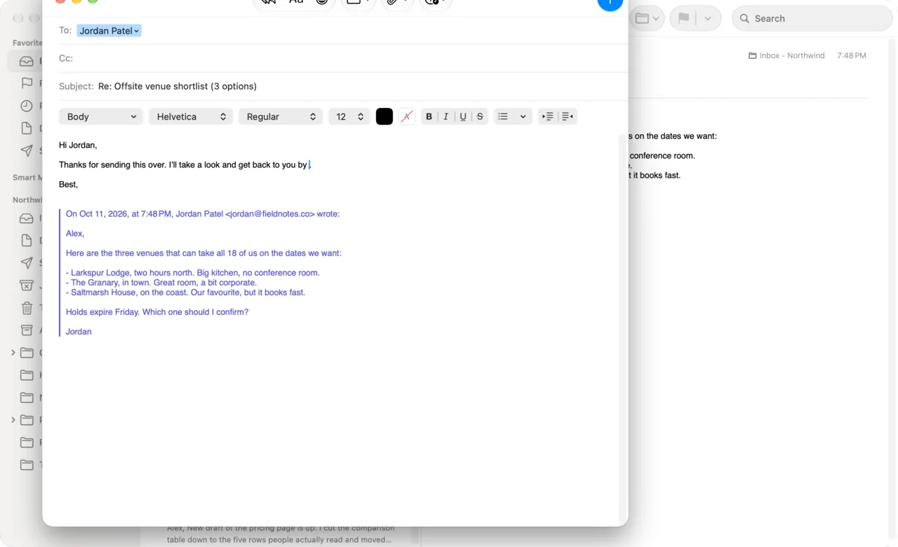 A reply ready to send in Apple Mail