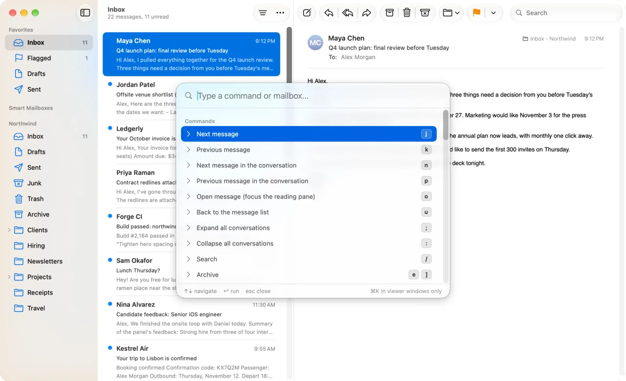DuperMail's command palette listing commands with their keys