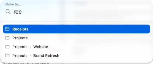 DuperMail's Move to picker, with rec typed and Receipts selected