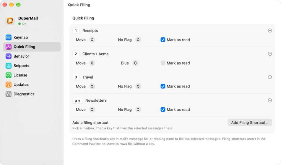 DuperMail's Quick Filing settings: 1 Receipts, 2 Clients › Acme, 3 Travel, g n Newsletters