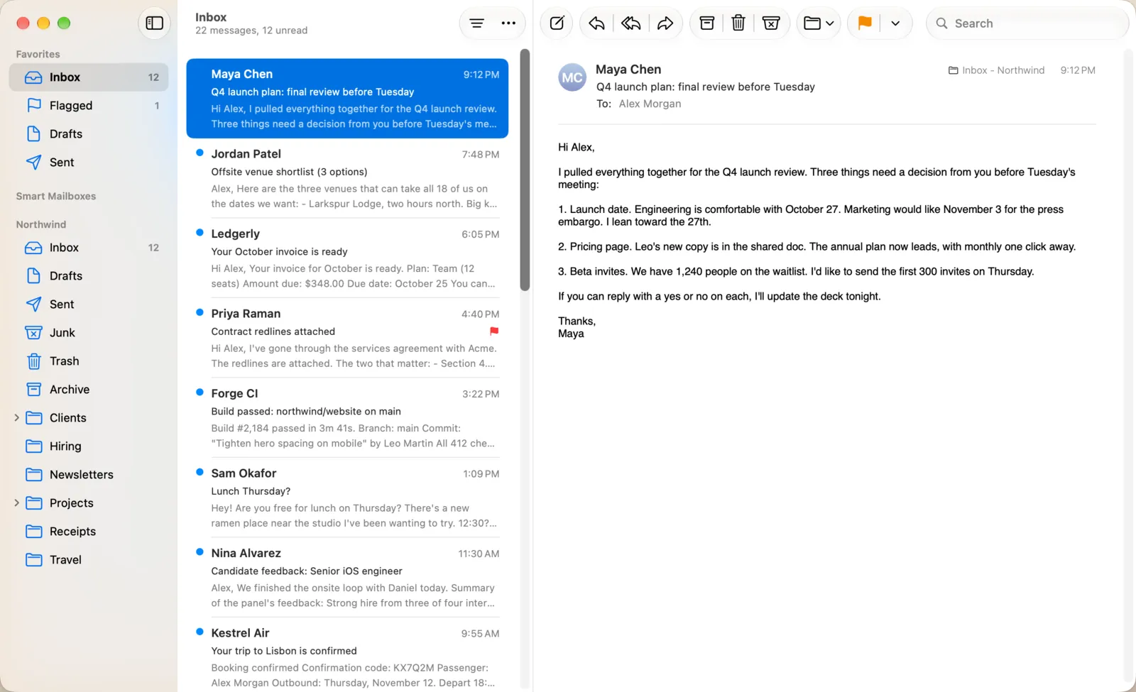 Apple Mail's inbox being archived one message at a time with e, ending with DuperMail's note: Archived, Inbox Zero